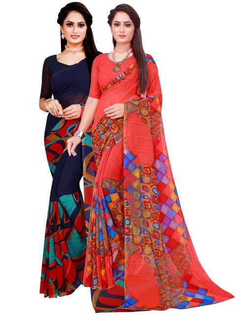 

KALINI Navy Blue & Red Set of 2 Floral Printed Georgette saree