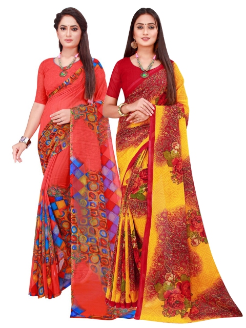 

KALINI Red & Yellow Set of 2 Floral Printed Georgette saree