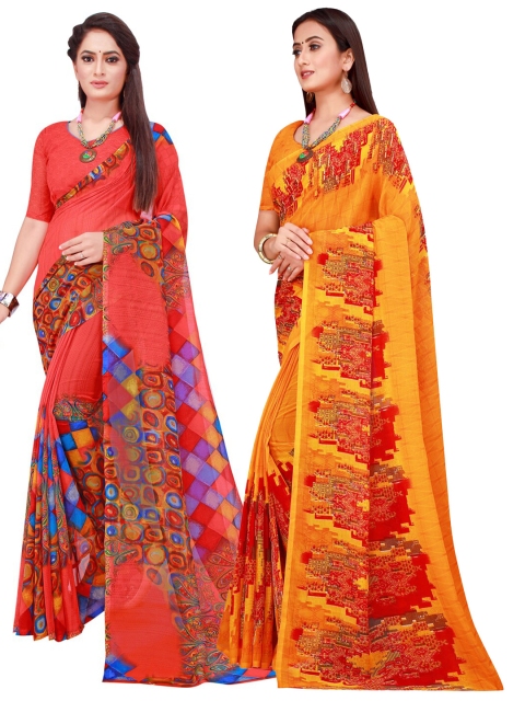 

KALINI Pack of 2 Orange & Red Floral Pure Georgette Sarees