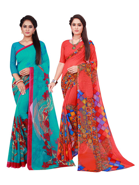 

KALINI Set Of 2 Red & Turquoise Blue Floral Pure Georgette Saree