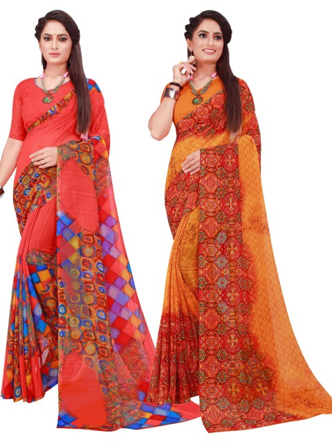 

KALINI Orange & Pink Set of 2 Floral Printed Georgette saree