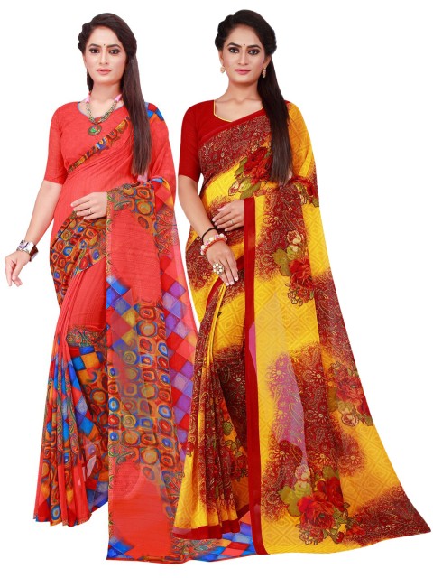 

KALINI Maroon & Red Set Of 2 Floral Pure Georgette Saree