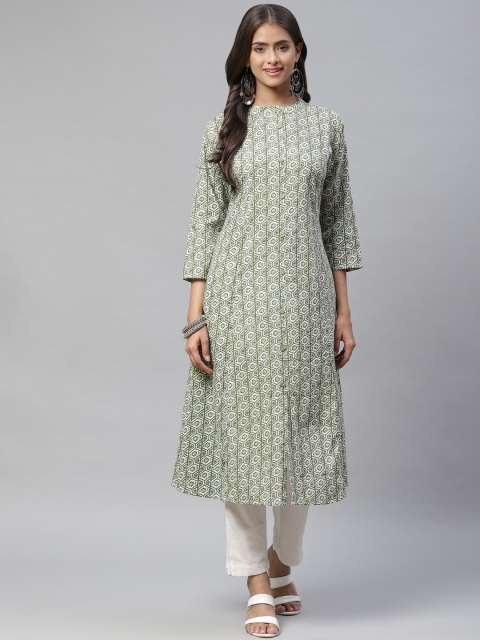 

KALINI Women Green & White Printed Cotton Kurta