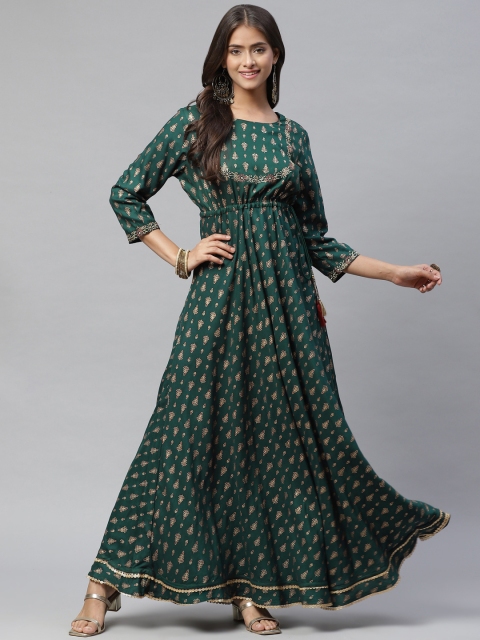 

KALINI Green & Golden Floral Printed Maxi Dress