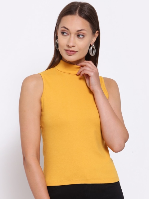 

YOONOY Women Mustard Yellow Solid High Neck Organic Cotton Top