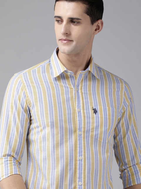 

U S Polo Assn Men Yellow & Blue Tailored Fit Striped Pure Cotton Casual Shirt