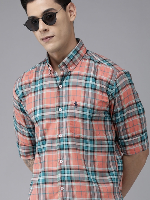 

U S Polo Assn Men Coral Orange & Blue Tailored Fit Checked Pure Cotton Casual Shirt