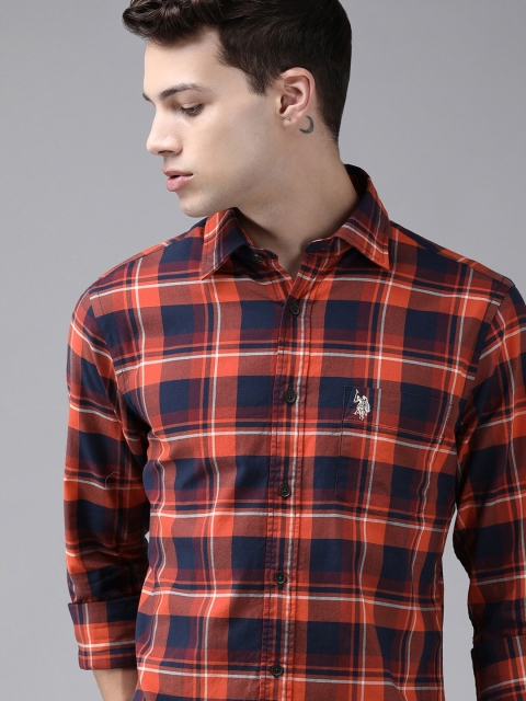 

U.S. Polo Assn. Men Orange Checked Pure Cotton Casual Shirt