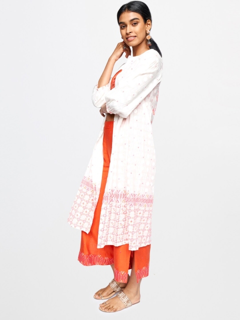 

Global Desi Women Orange & White Printed Top with Trousers & Jacket