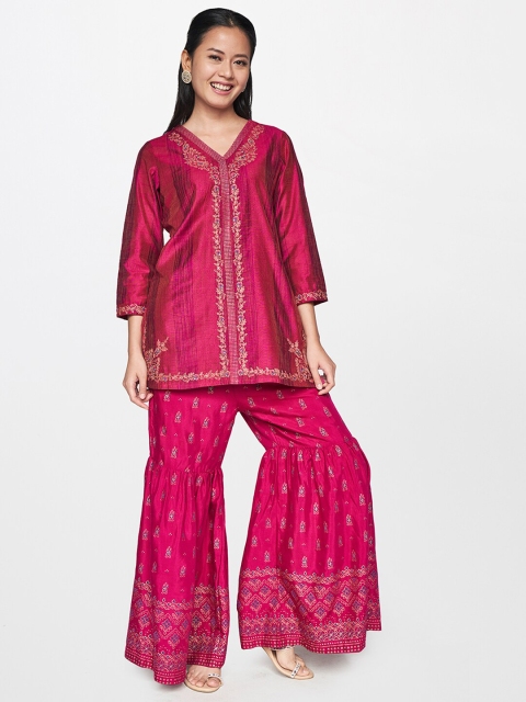 

Global Desi Women Pink Ethnic Motifs Embroidered Thread Work Pure Cotton Kurta with Sharara