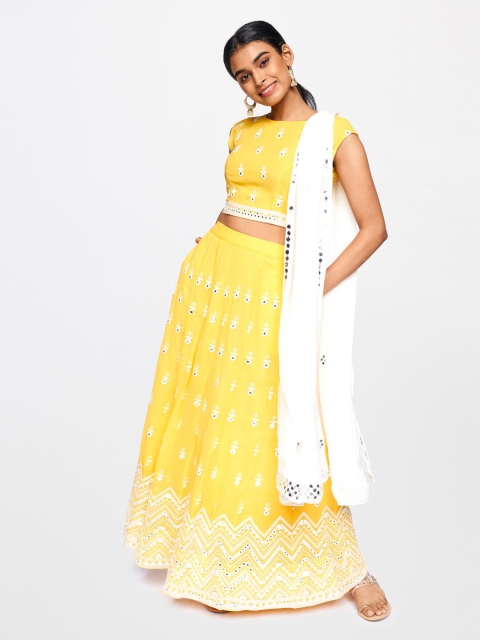 

Global Desi Women Yellow Ethnic Motifs Embroidered Mirror Work Top with Skirt & Dupatta