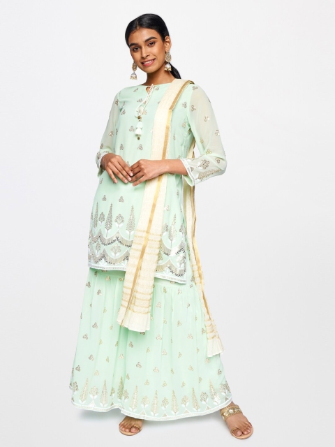 

Global Desi Women Sea Green & Golden Kurta with Sharara
