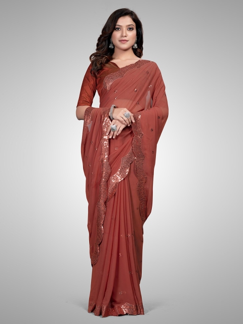 

Mitera Orange & Silver-Toned Embellished Sequinned Pure Georgette Saree