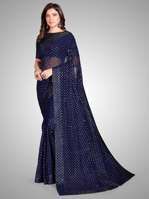 

Mitera Blue & White Embellished Sequinned Pure Georgette Saree