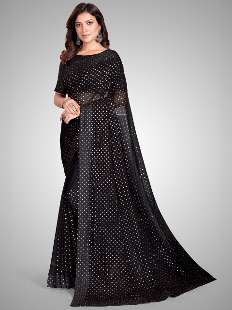 

Mitera Black & Golden Embroidered Sequinned Pure Georgette Saree