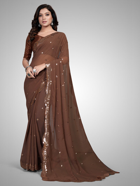 

Mitera Brown Embellished Sequinned Pure Georgette Saree