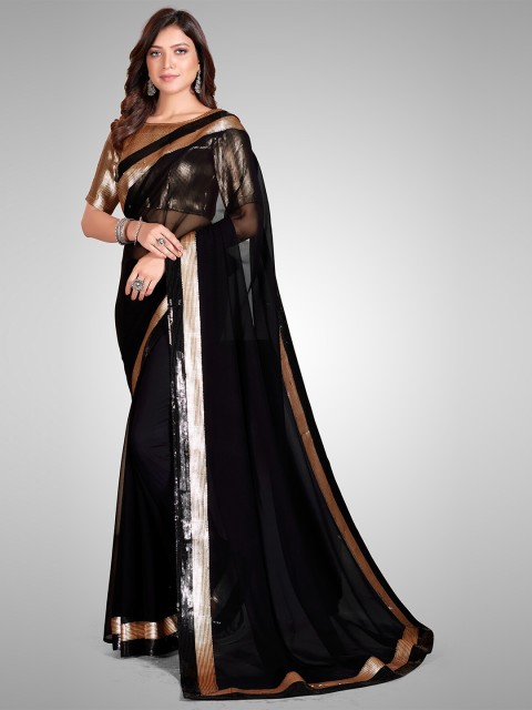 

Mitera Black & Gold-Toned Embellished Sequinned Pure Georgette Saree
