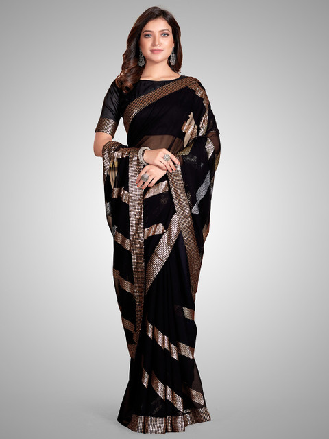 

Mitera Black & Silver-Toned Embellished Sequinned Pure Georgette Saree
