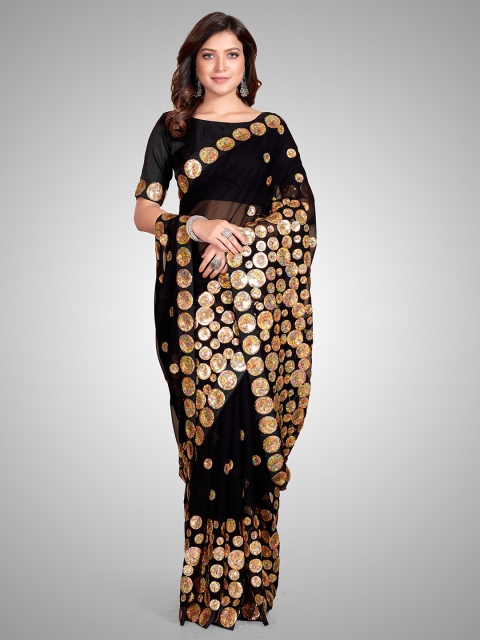

Mitera Black & Gold-Toned Embellished Sequinned Pure Georgette Saree