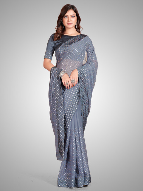 

Mitera Grey & Golden Embellished Sequinned Pure Georgette Saree