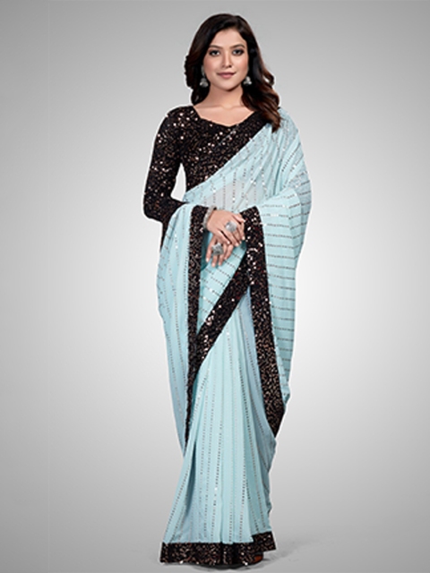 

Mitera Turquoise Blue & Black Embellished Sequinned Pure Georgette Saree