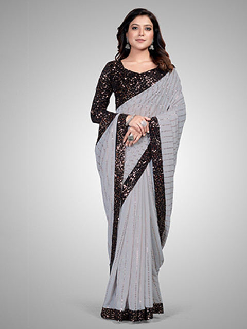 

Mitera Grey & Black Embellished Sequinned Pure Georgette Ready to Wear Saree