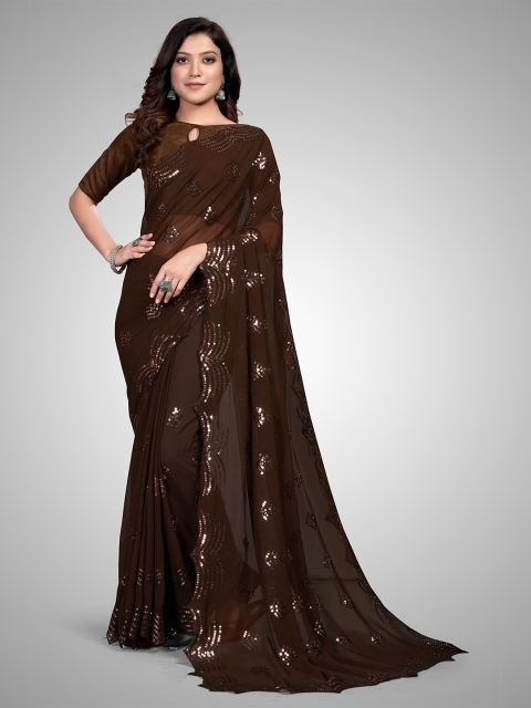 

Mitera Brown Embellished Sequinned Pure Georgette Saree