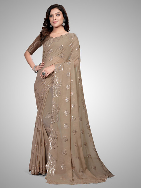 

Mitera Beige Embellished Sequinned Pure Georgette Saree