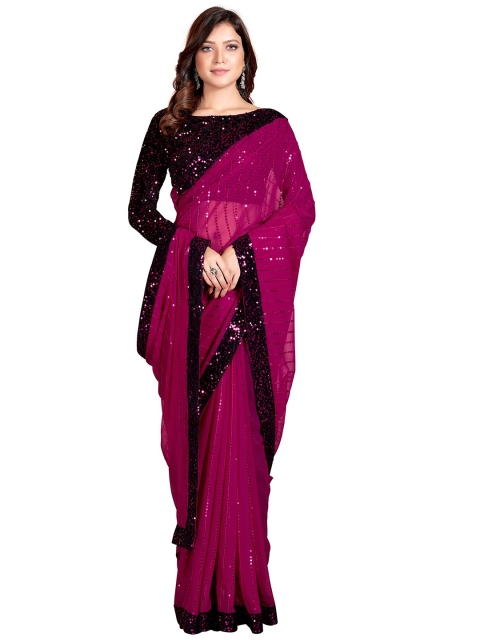 

Mitera Burgundy & Black Embellished Sequinned Pure Georgette Saree