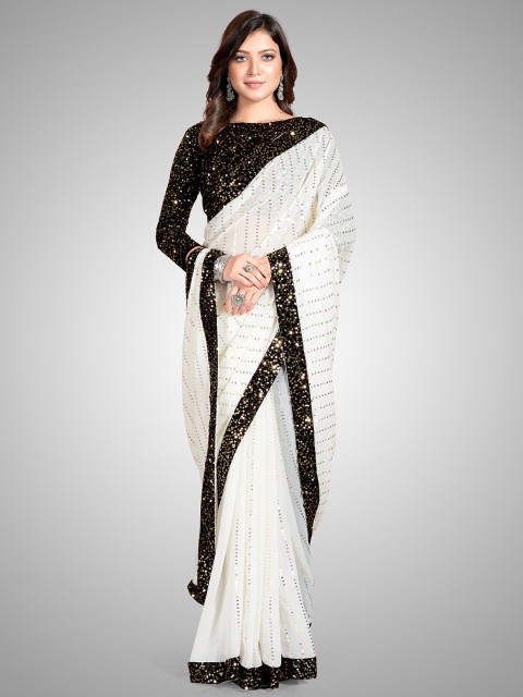 

Mitera White & Black Embellished Sequinned Pure Georgette Saree