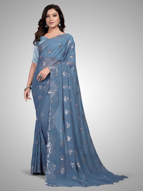 

Mitera Grey Embellished Sequinned Pure Georgette Saree