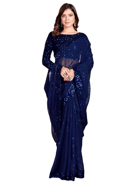 

Mitera Blue Embellished Sequinned Pure Georgette Saree
