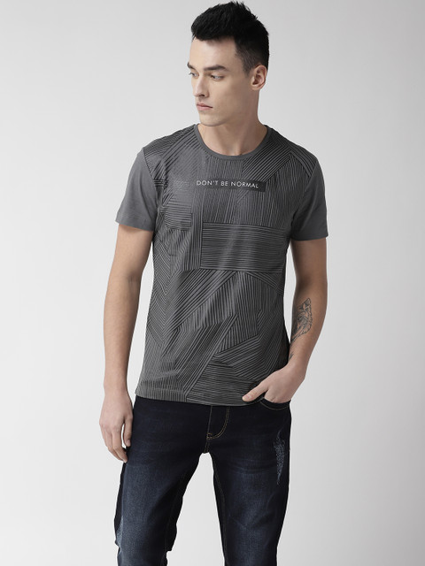 

Flying Machine Men Charcoal Grey Self-Designed T-shirt