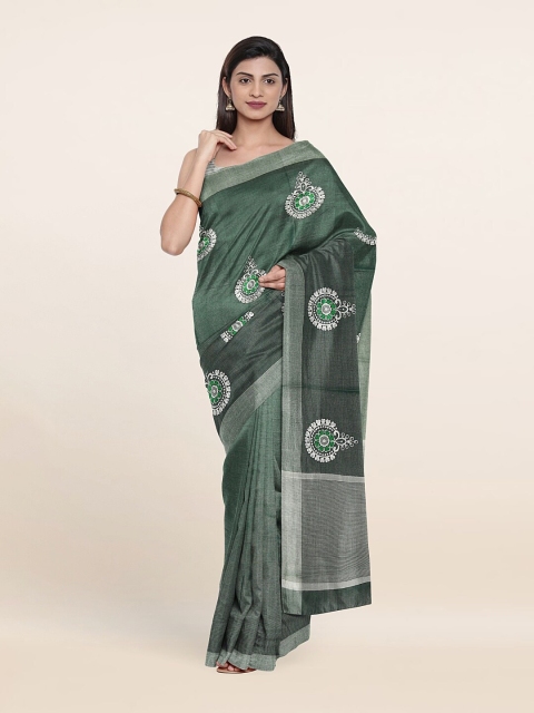 

Pothys Green & Silver-Toned Ethnic Motifs Zari Tissue Saree