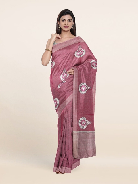 

Pothys Pink & Grey Ethnic Motifs Tissue Saree