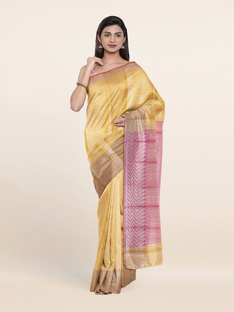 

Pothys Yellow & Pink Floral Tissue Saree