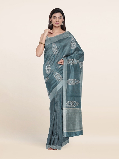 

Pothys Blue & Silver-Toned Ethnic Motifs Tissue Saree