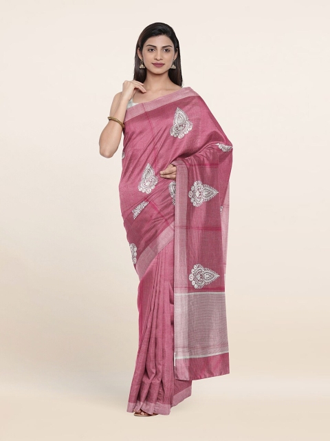

Pothys Pink & Silver-Toned Embroidered Ethnic Motifs Tissue Saree