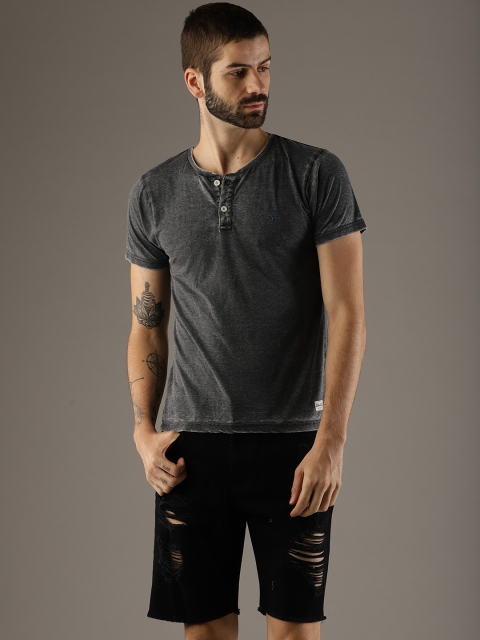 

Flying Machine Men Charcoal Grey Solid Henley T-shirt