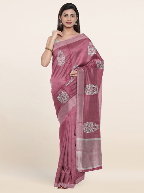 

Pothys Magenta & Silver-Toned Floral Embroidered Tissue Saree