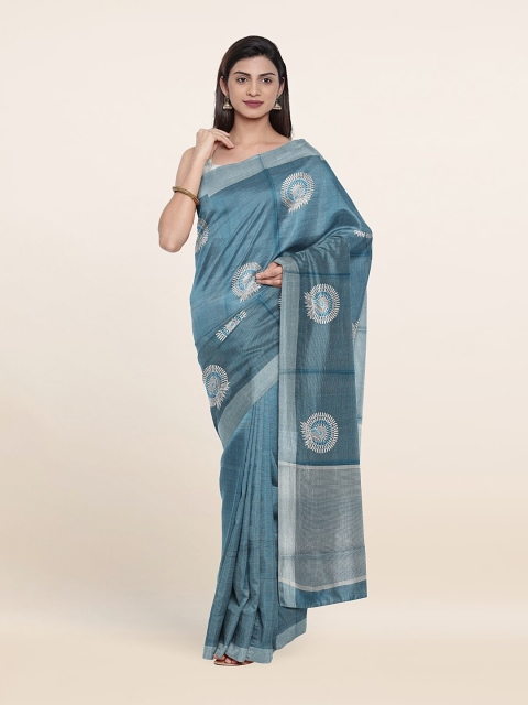 

Pothys Blue & Silver-Toned Ethnic Motifs Tissue Saree