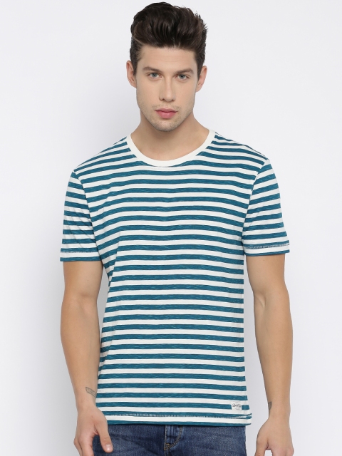 

Flying Machine Men Off-White & Teal Blue Striped Round Neck T-Shirt