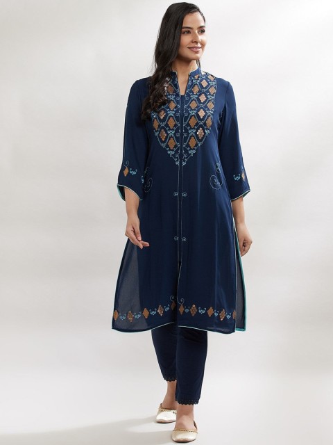 

Lakshita Women Blue Ethnic Motifs Printed Georgette Kurta