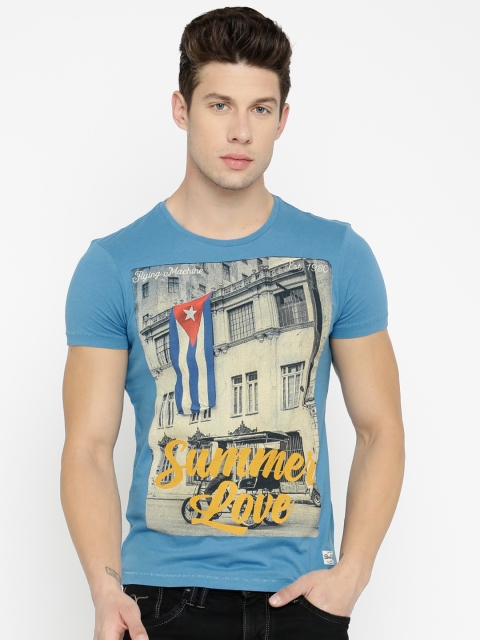 

Flying Machine Men Blue Printed Round Neck T-shirt
