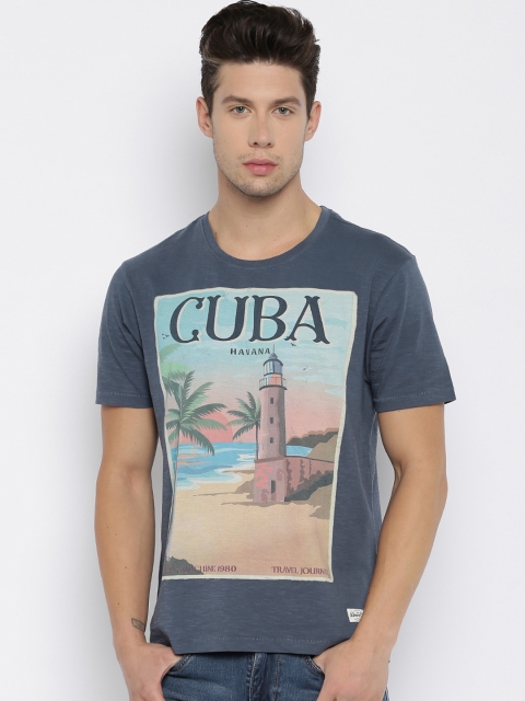 

Flying Machine Men Blue Printed Round Neck Pure Cotton T-shirt