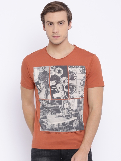 

Flying Machine Men Rust Orange Printed Round Neck T-shirt, Brown