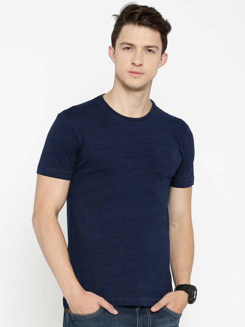 

Flying Machine Men Navy Solid Round Neck Pure Cotton T-shirt, Navy blue