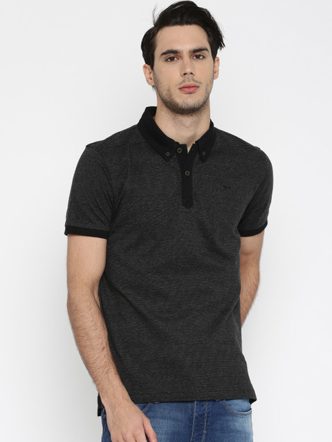 

Flying Machine Men Charcoal Grey Striped Polo Collar T-Shirt, Na