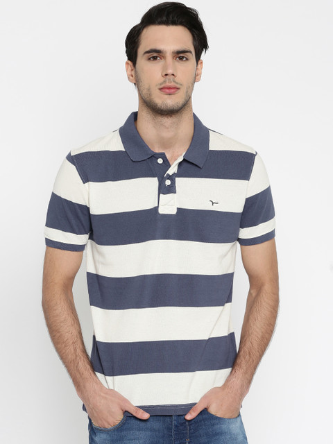 

Flying Machine Men Blue & Off-White Striped Polo Collar T-Shirt