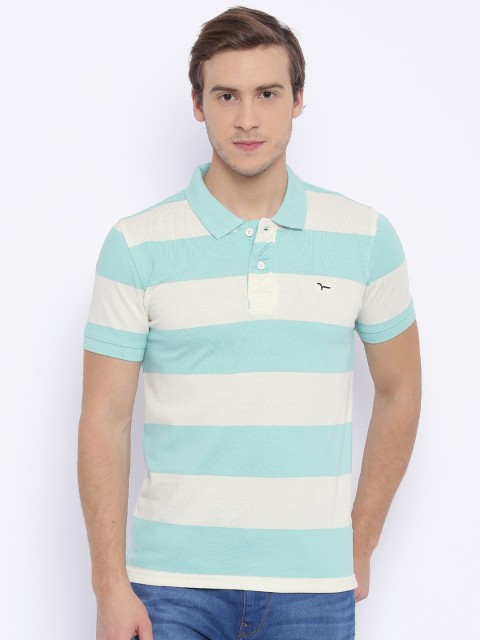 

Flying Machine Men Cream & Blue Striped Polo T-shirt
